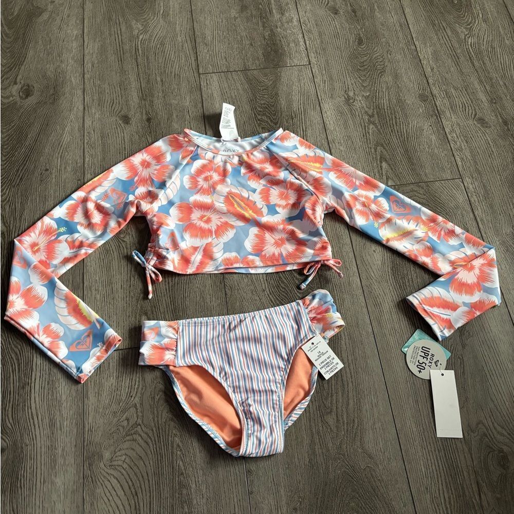 Roxy Kids Floral Long Sleeve Swim Set - Blue and Orange